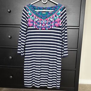 Lily Pulitzer Navy and White striped dress with colorful accent.